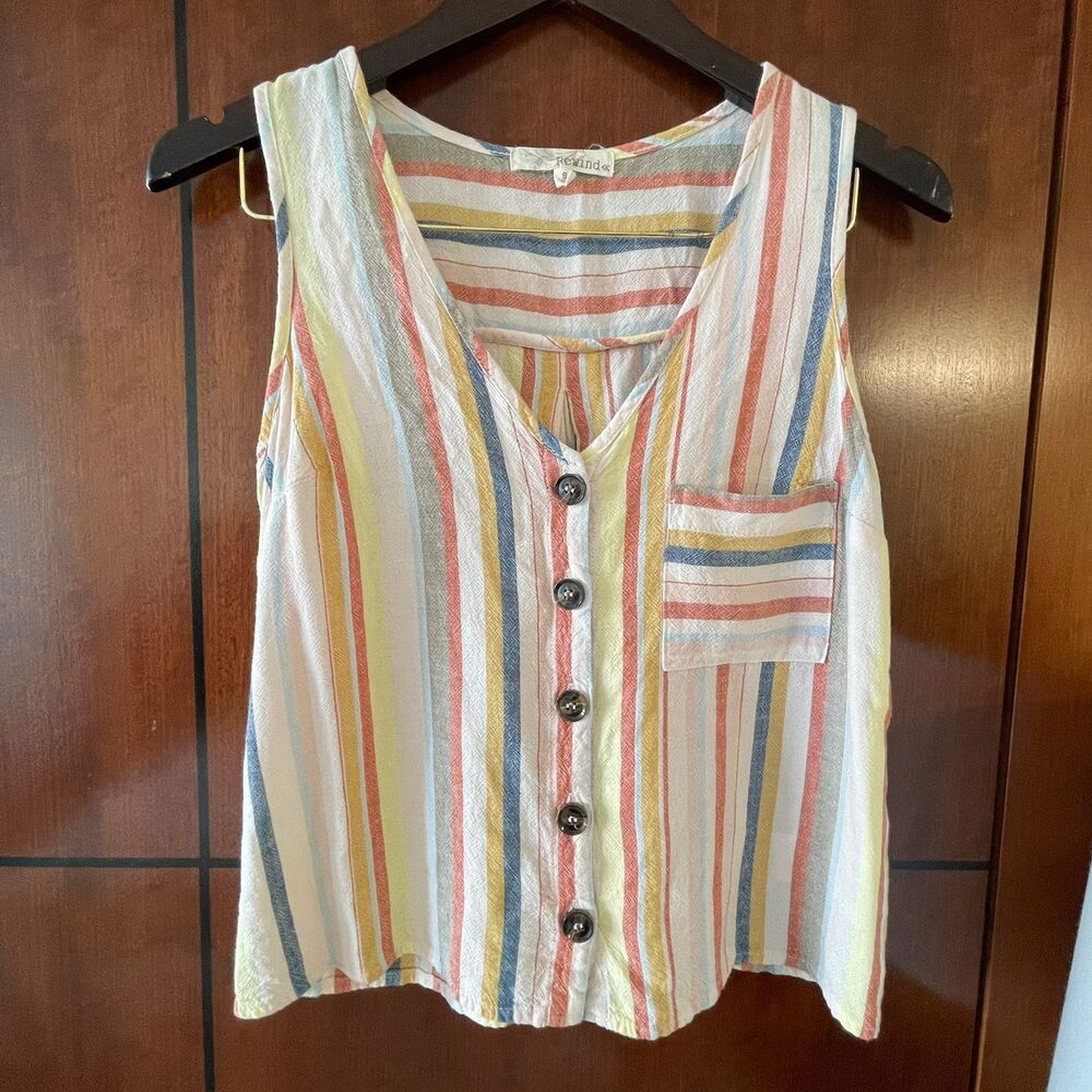 Rewind Stripe Sleeveless Top S Small Pastel Multi Color Button Front V Neck Boho - Picture 2 of 7